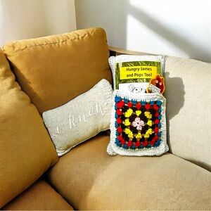 Colorful Crochet Pillow with Book Pocket